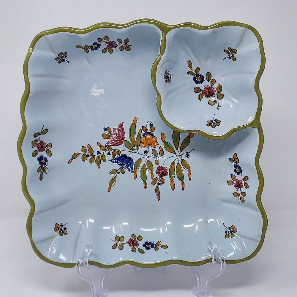 Italy Peasant Village Blue Glaze Hand Painted Serving Bowl Sauce Well Vintage